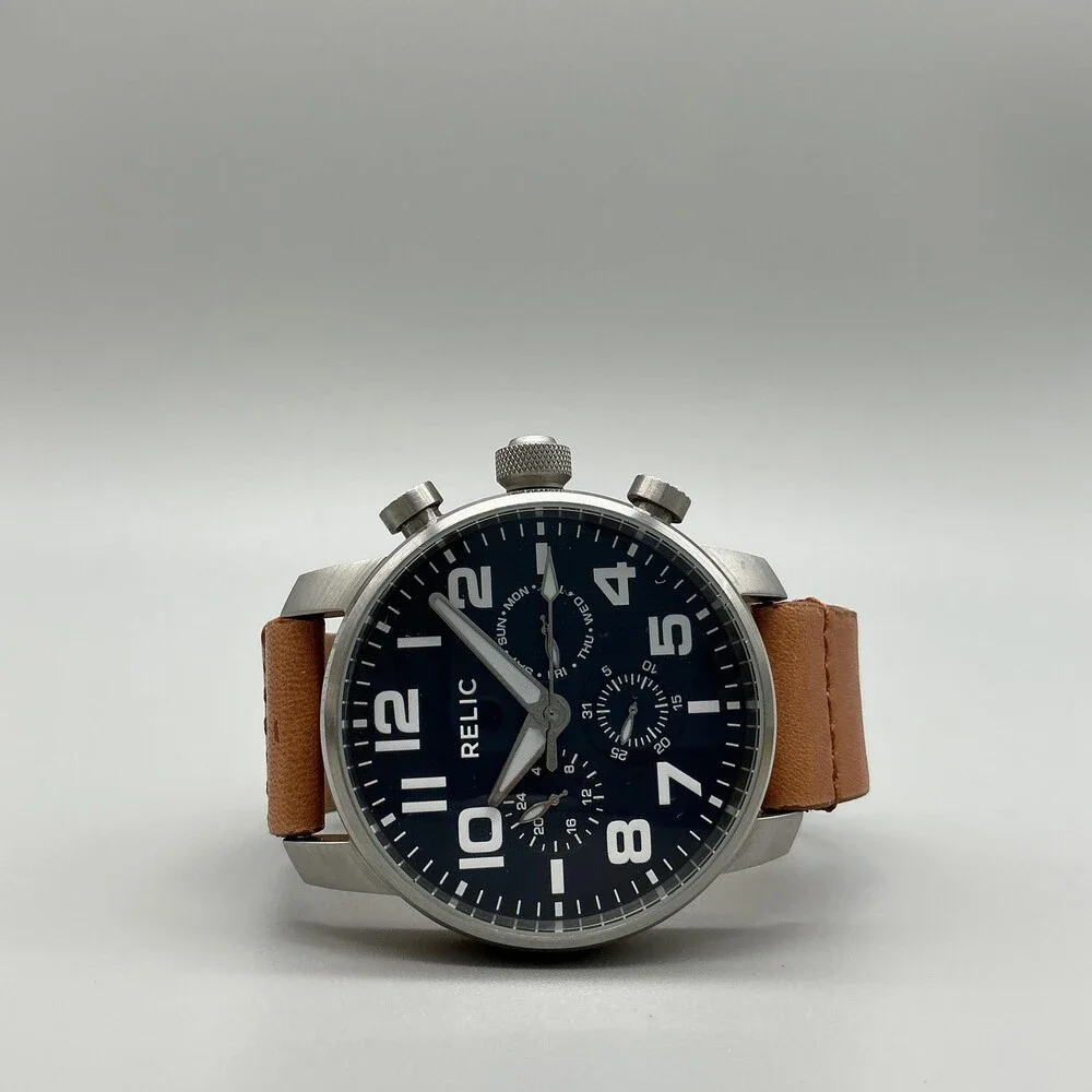 Relic by Fossil Benjamin Men Watch 44mm Blue Dial Leather Multi Dial New Battery